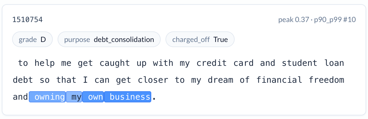 Loan description with 'owning my own business' tokens highlighted