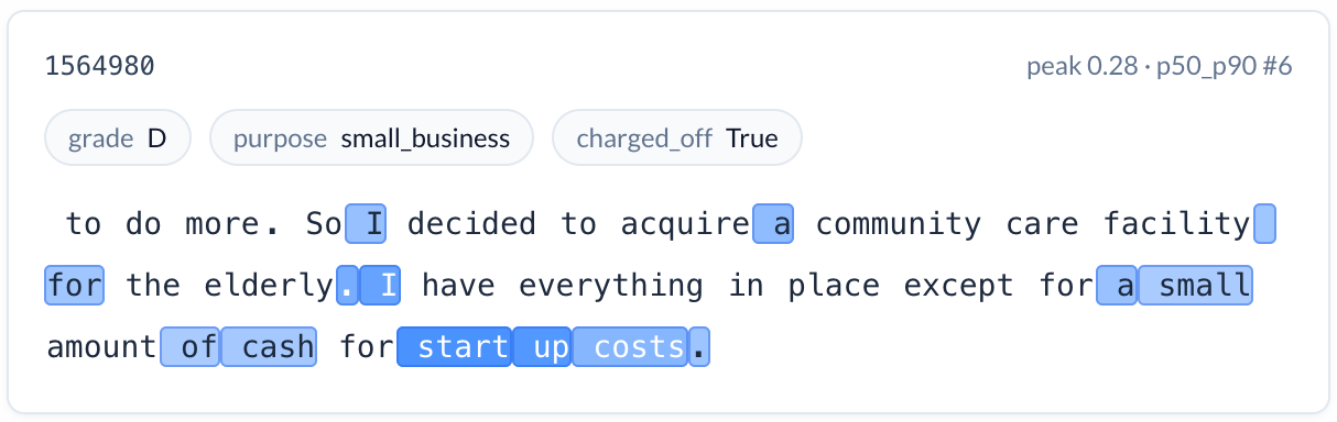 Loan description for acquiring a community care facility with business formation tokens highlighted