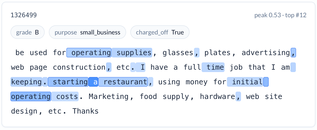 Loan description for starting a restaurant with business formation tokens highlighted