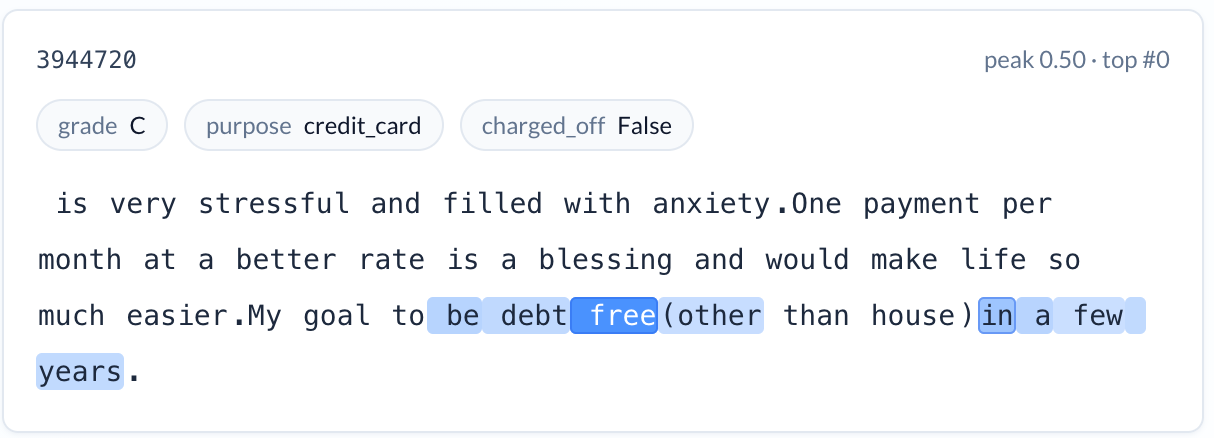 Loan description with 'be debt free' tokens highlighted