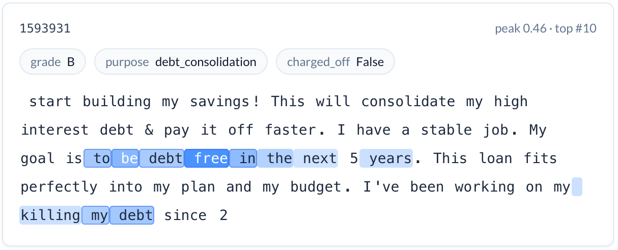 Loan description with 'to be debt free in the next 5 years' tokens highlighted