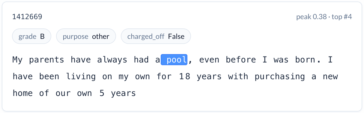 Loan description with 'pool' token highlighted by the SAE feature