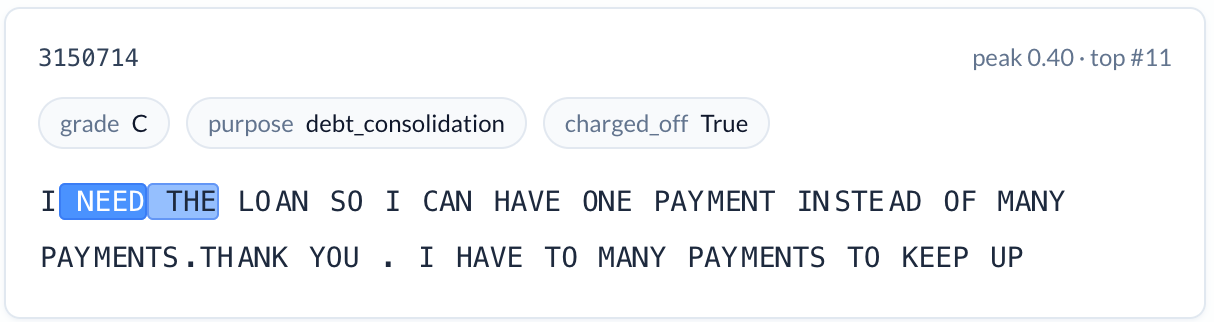 All-caps loan description with 'I NEED THE' tokens highlighted