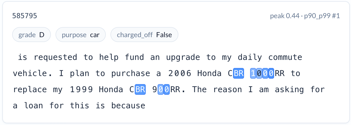 Loan description for a Honda CBR with vehicle model tokens highlighted